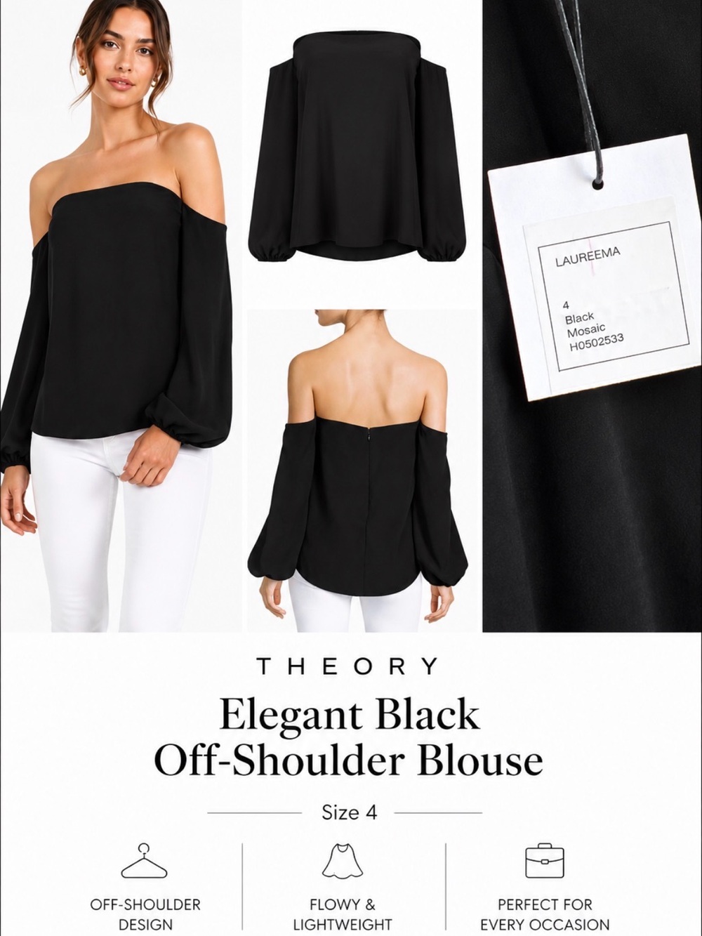 Theory Elegant Black Off-Shoulder Laureema Blouse, NWT, Size Small